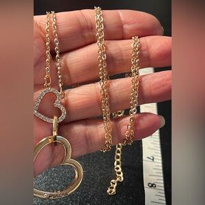 ❤️ Valentine Double Heart Rhinestone Gold Tone Grandma Long Necklace Grandmacore